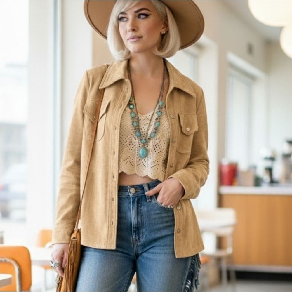 1970s Sand Suede Snap Shirt Jacket – Size 10 – Soft-Worn Western Classic